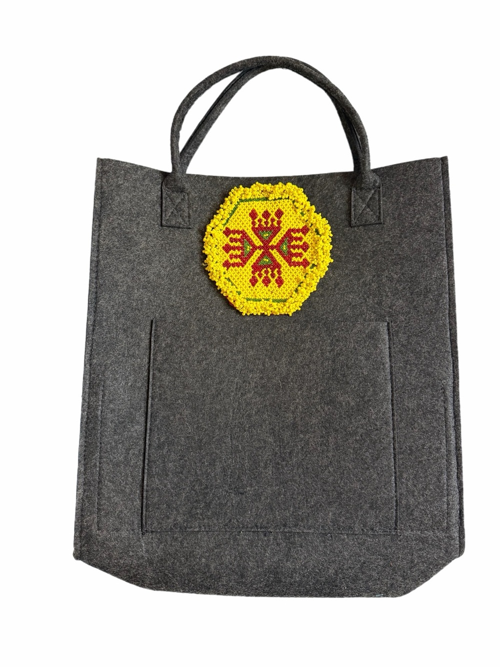 Handcrafted Beaded Medallion Felt Tote Bag NWOT Gray Artisan Carryall